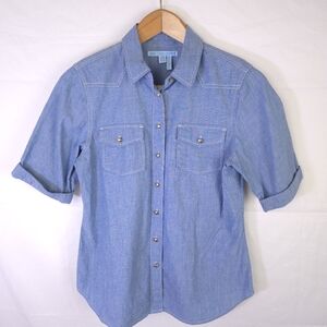 Draper James Chambray Button‎ Down Western Blouse Size 10 Rolled Cuff Coastal